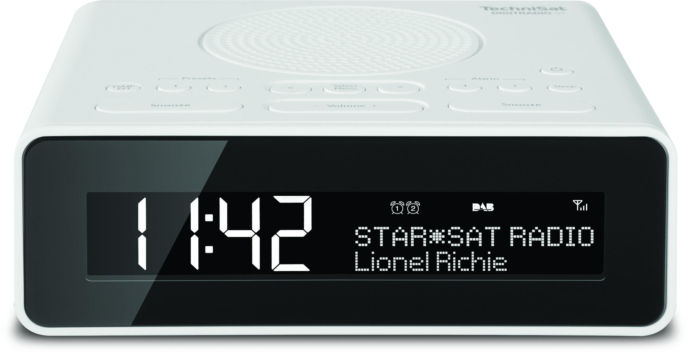 Weißer TechniSat-Radiowecker mit Digitalanzeige 11:42, StarSat Radio und Lionel Richie. Tasten für Voreinstellungen, Alarm und Schlummerfunktion.