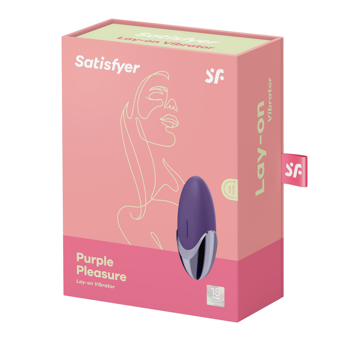 Pudełko produktu marki Satisfyer, o nazwie Purple Pleasure, z fioletowym wibratorem w środku. Pudełko jest różowe i ma narysowaną twarz.