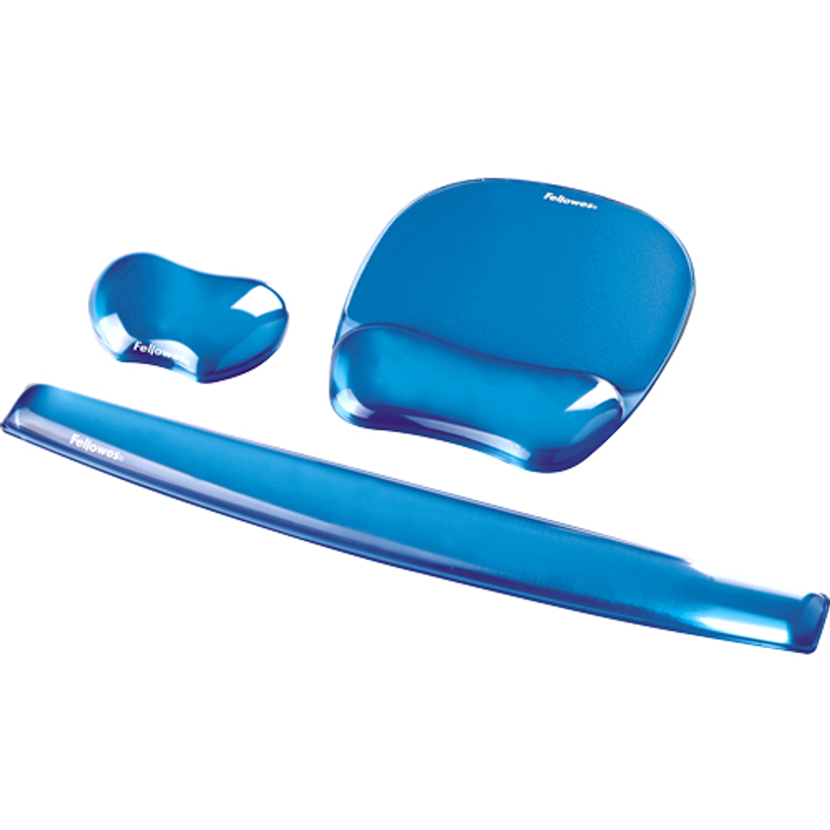 Een blauwe ergonomische polssteunset, inclusief een muismat, polssteun en een polssteun voor het toetsenbord, alles op een witte achtergrond.