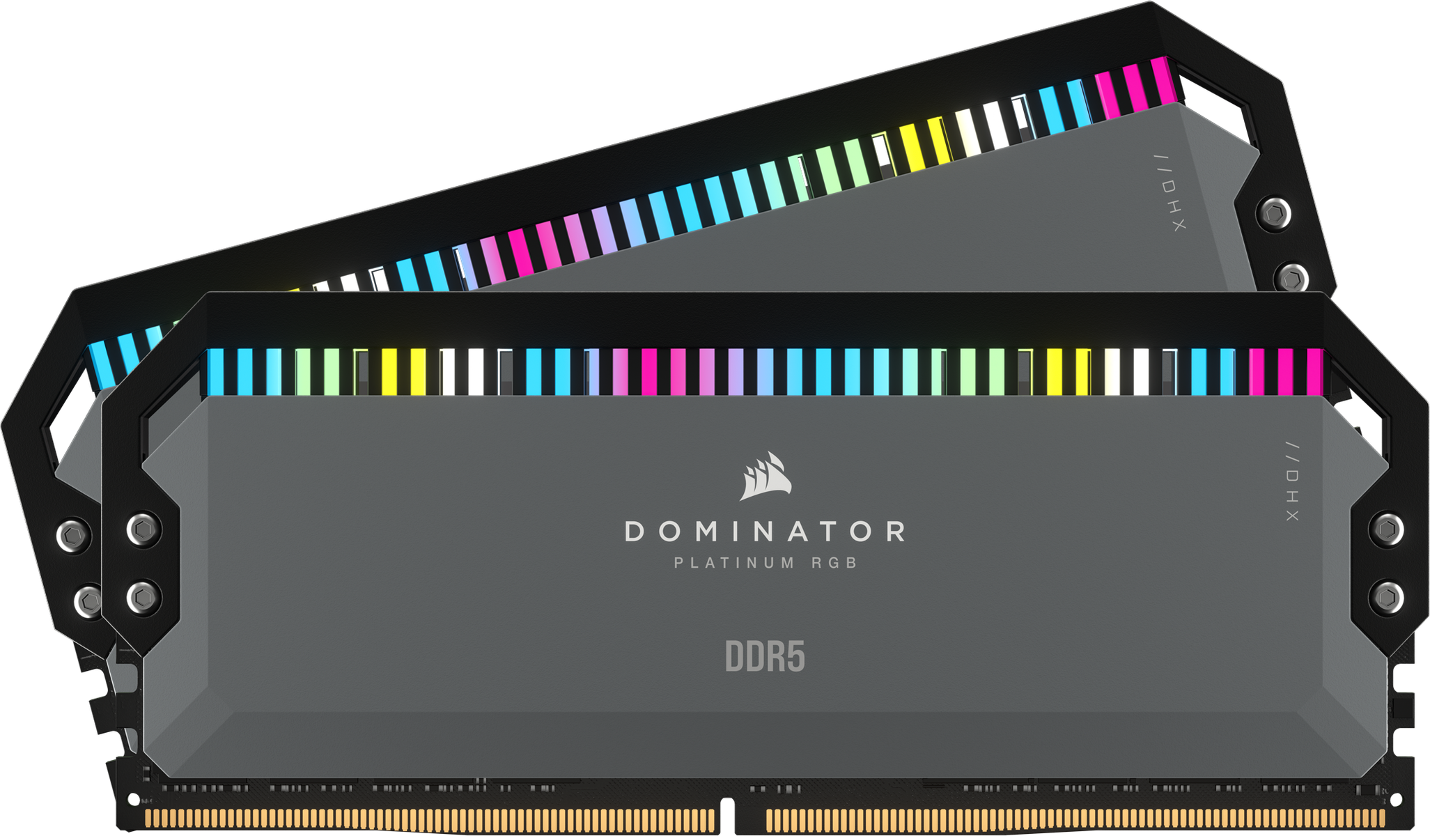 Dwa moduły RAM DDR5 z kolorowym oświetleniem RGB. Moduły są szare z napisem 'DOMINATOR'. Czarne ramki otaczają moduły.