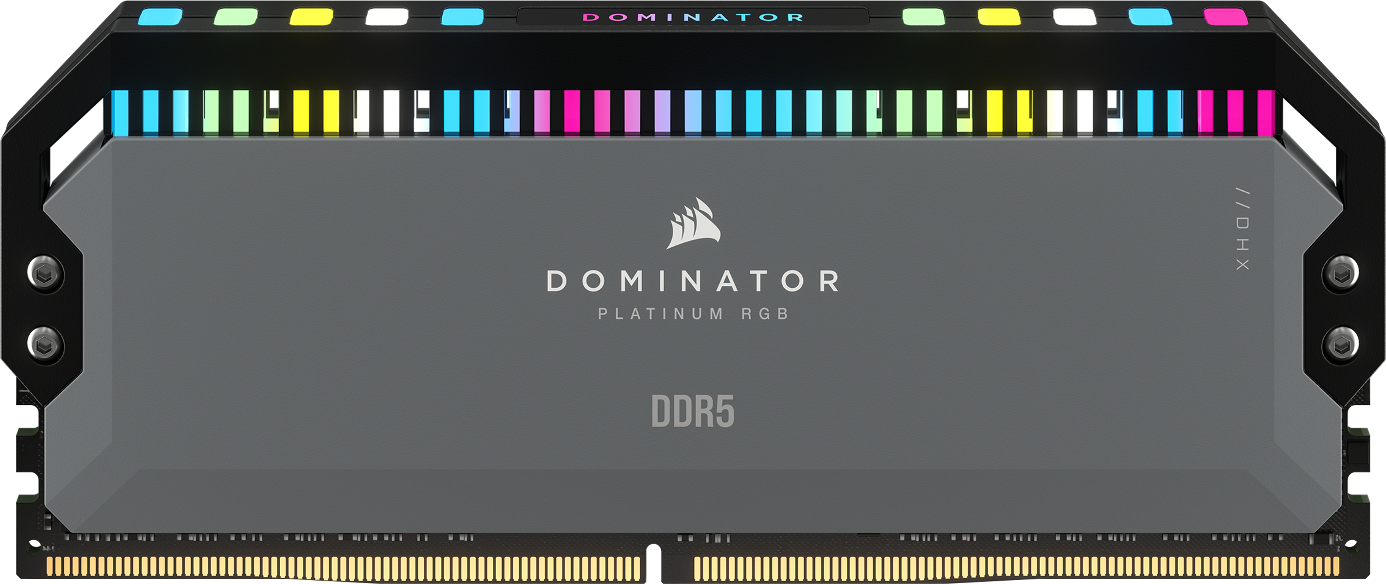Moduł RAM DDR5. Szary i czarny design, z oświetleniem RGB na górze. Posiada logo Corsair DOMINATOR.