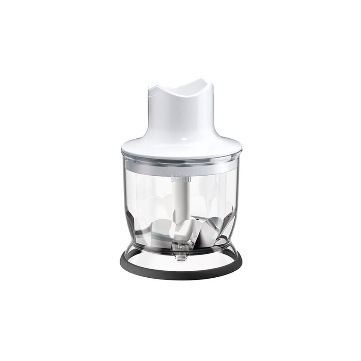Una batidora de mano blanca y transparente. Tiene una carcasa de motor blanca, un recipiente transparente y una base negra. Las cuchillas son visibles.