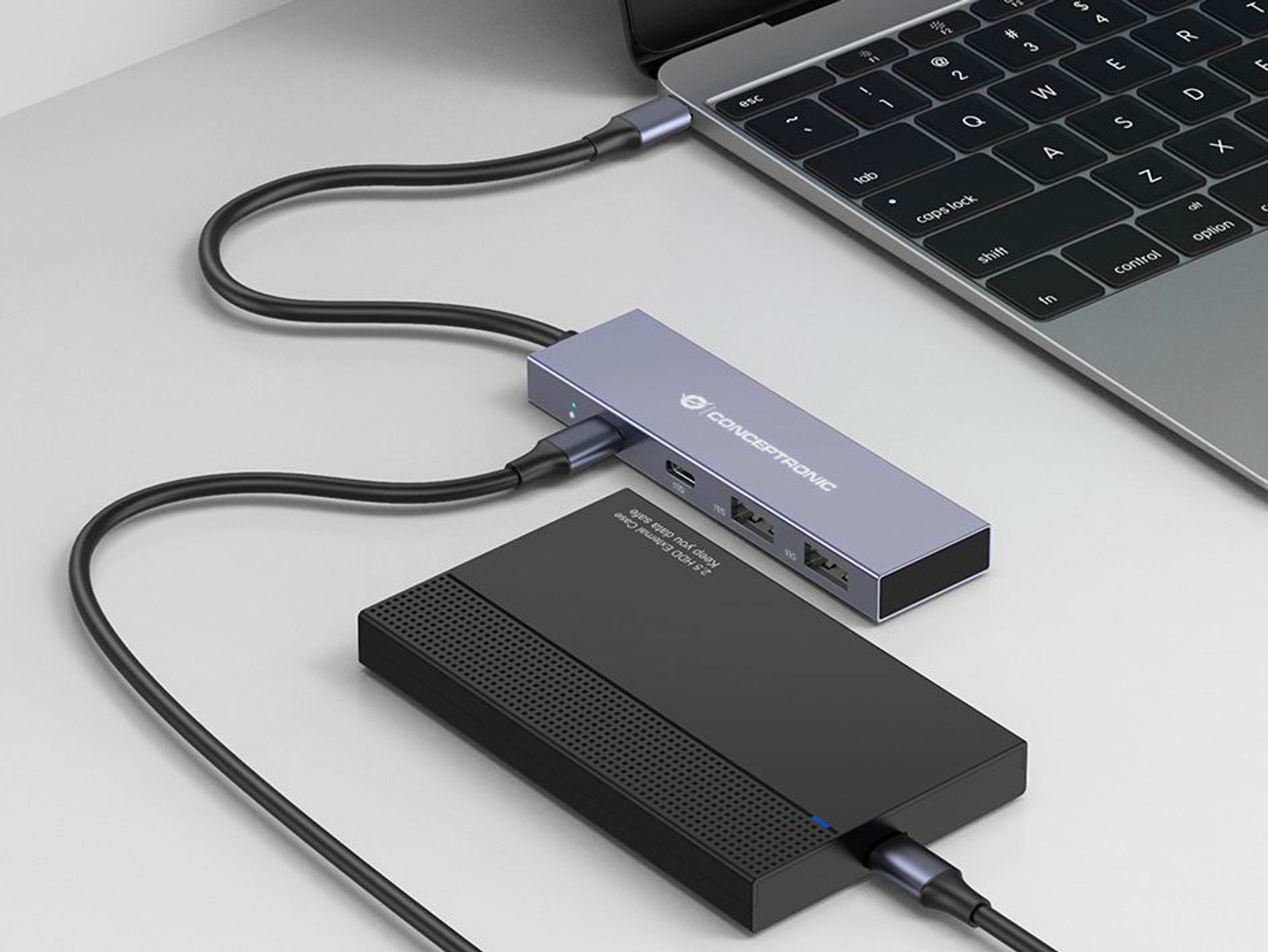 Laptop collegato a un hub e a un disco rigido esterno. L'hub è argentato con il logo Conceptronic.