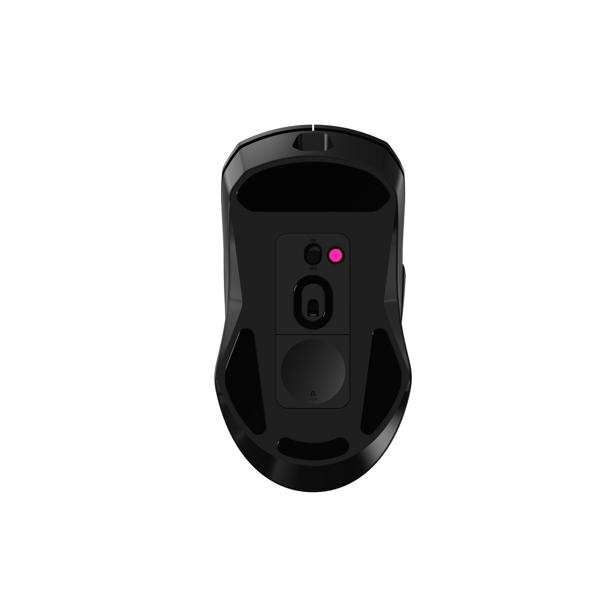 Mouse per computer nero, vista dal basso. Presenta un interruttore di alimentazione, una luce rosa e un piccolo pulsante rotondo. Isolato su sfondo bianco.