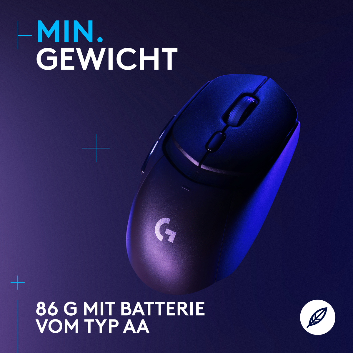 Een zwarte computermuis met scrollwiel, verlicht door blauw licht. Tekst: 'MIN. GEWICHT' en '86 G MIT BATTERIE VOM TYP AA'.