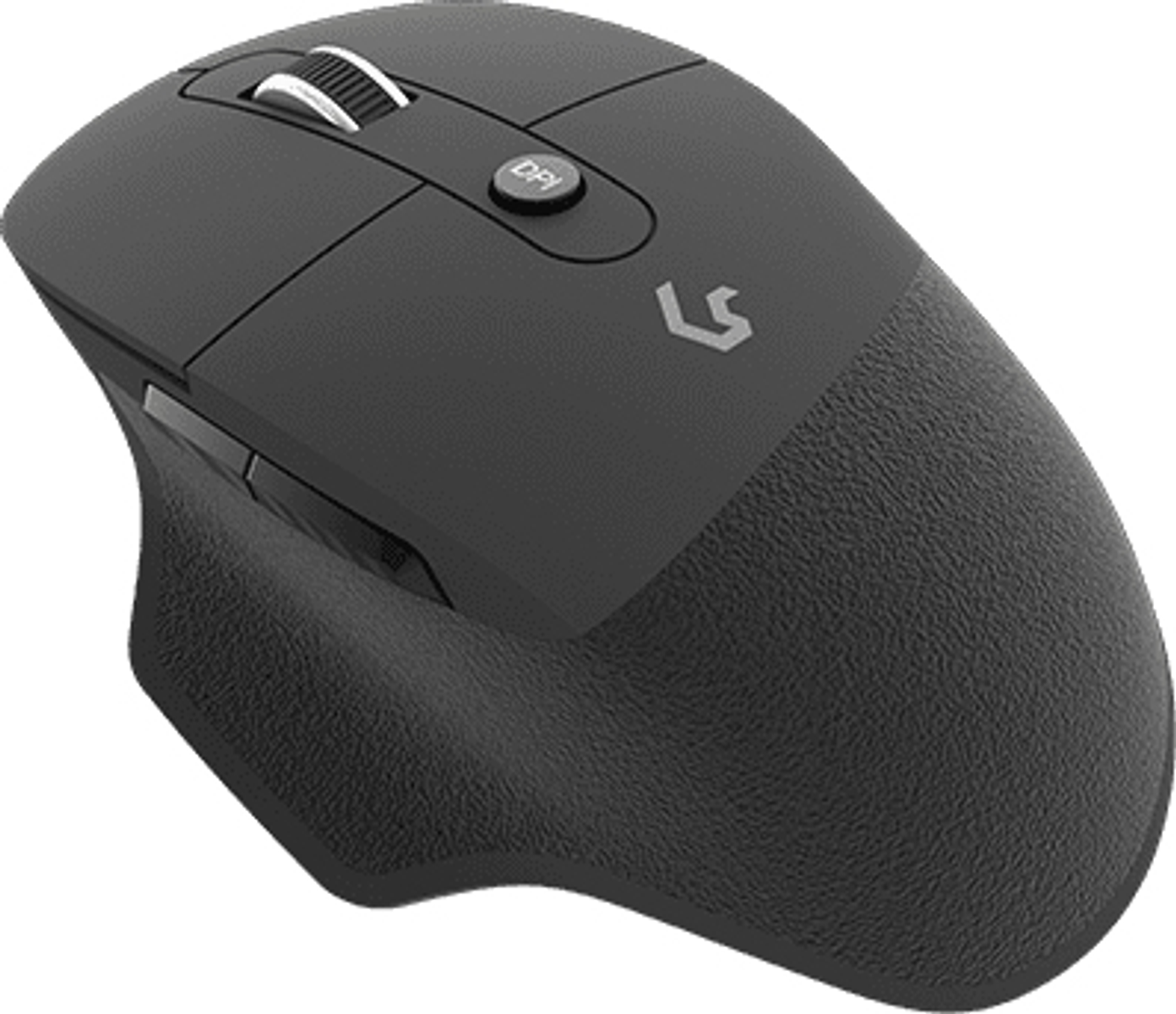 Un mouse per computer nero. Ha una rotella di scorrimento, un pulsante DPI e pulsanti laterali. Il mouse ha un'impugnatura strutturata.