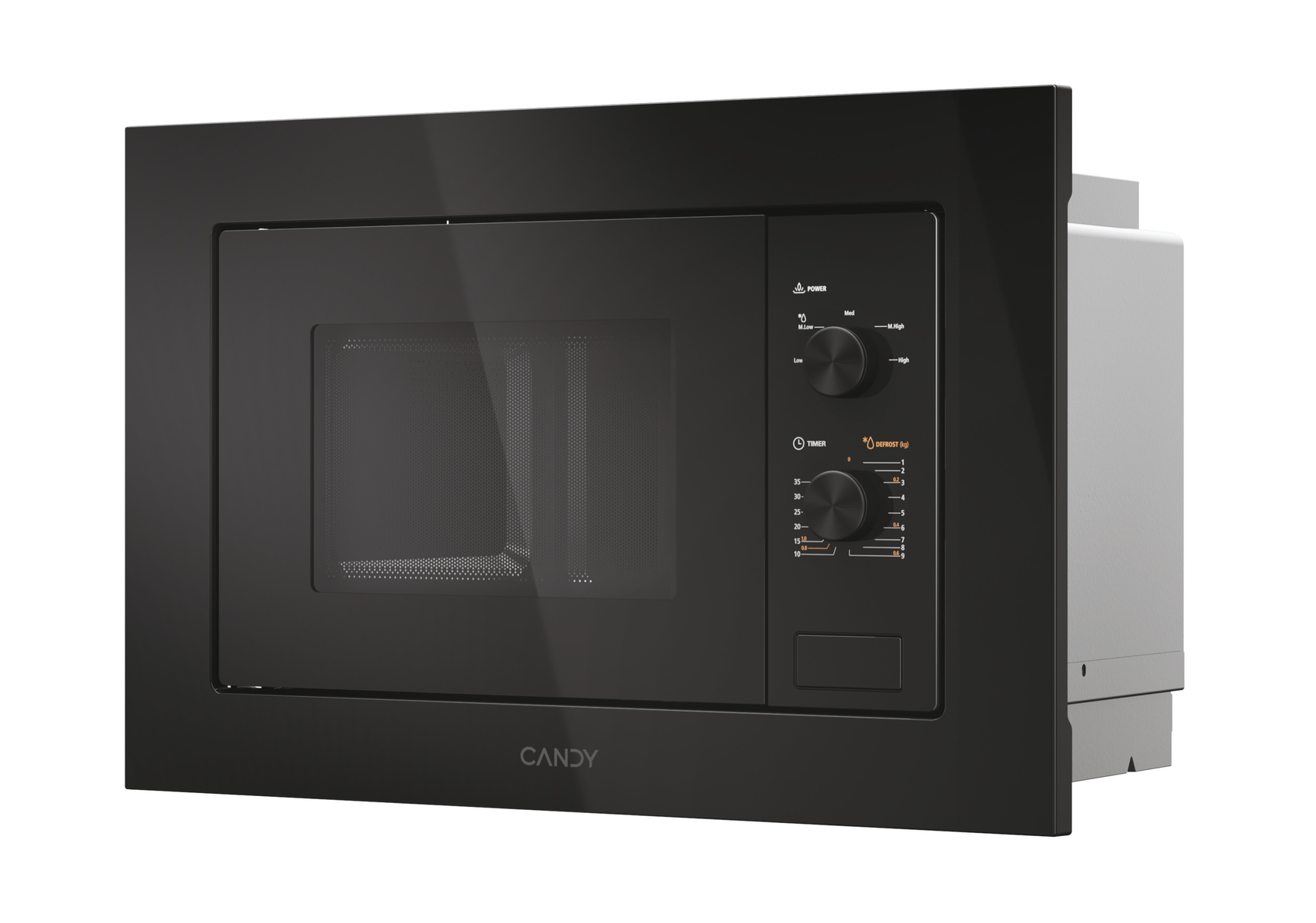 Un forno a microonde Candy nero. Ha un pannello di controllo con manopole per l'alimentazione, il timer e lo scongelamento. Il marchio è sul davanti.