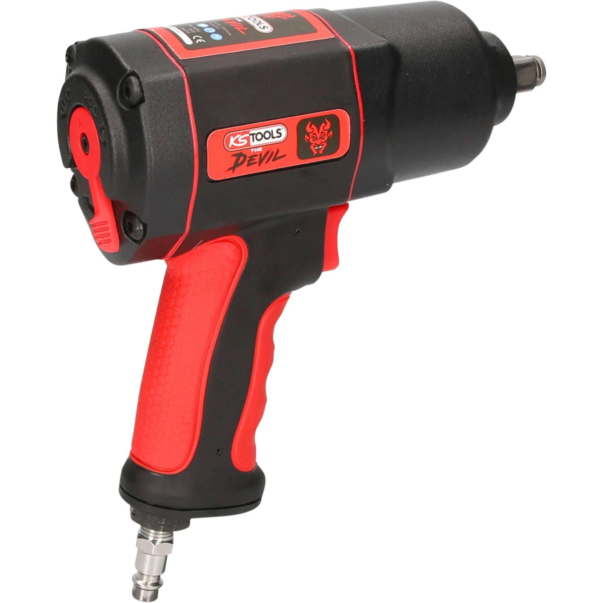 Chiave pneumatica nera e rossa. Presenta un'impugnatura e dettagli rossi, con il logo 'KS TOOLS DEVIL'.