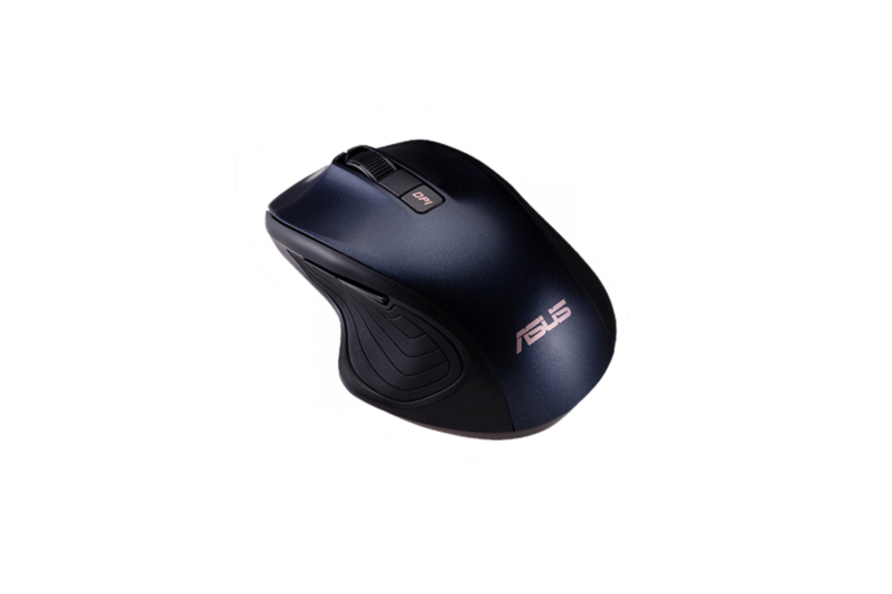 Ciemnoniebieska mysz komputerowa ASUS. Posiada kółko przewijania, przycisk DPI i logo ASUS. Tło jest białe.