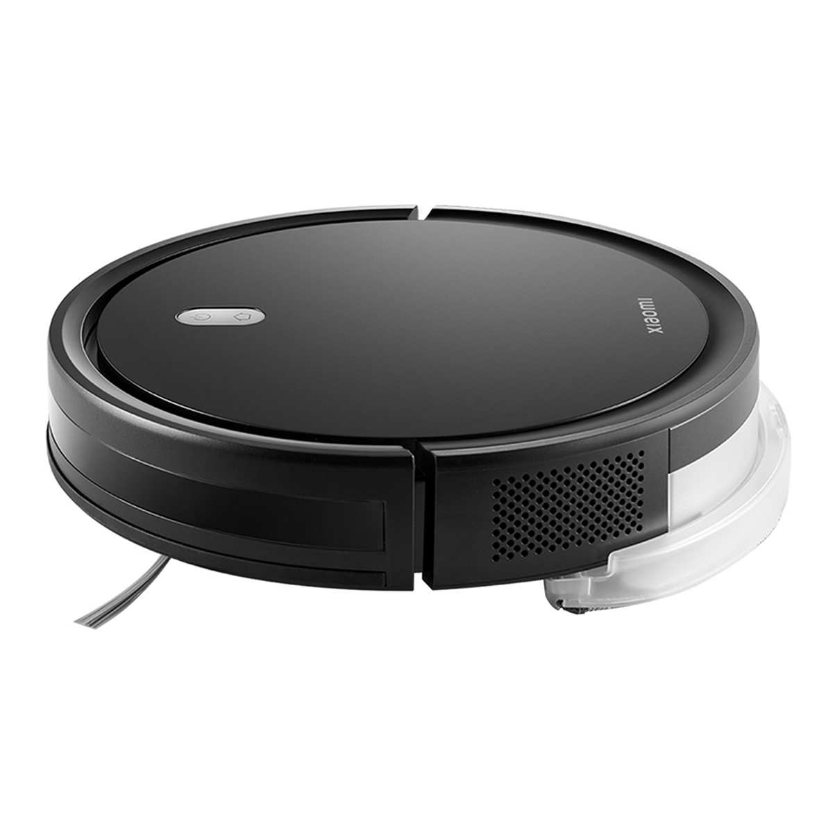 Czarny odkurzacz robot Xiaomi. Ma okrągły kształt z przyciskami na górze. Pojemnik na kurz jest przezroczysty.