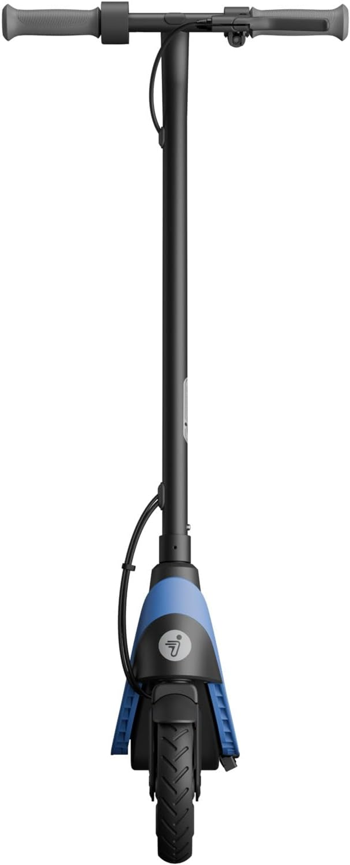 Un monopattino elettrico su sfondo bianco. È nero e blu, con manubrio, stelo e pneumatico.