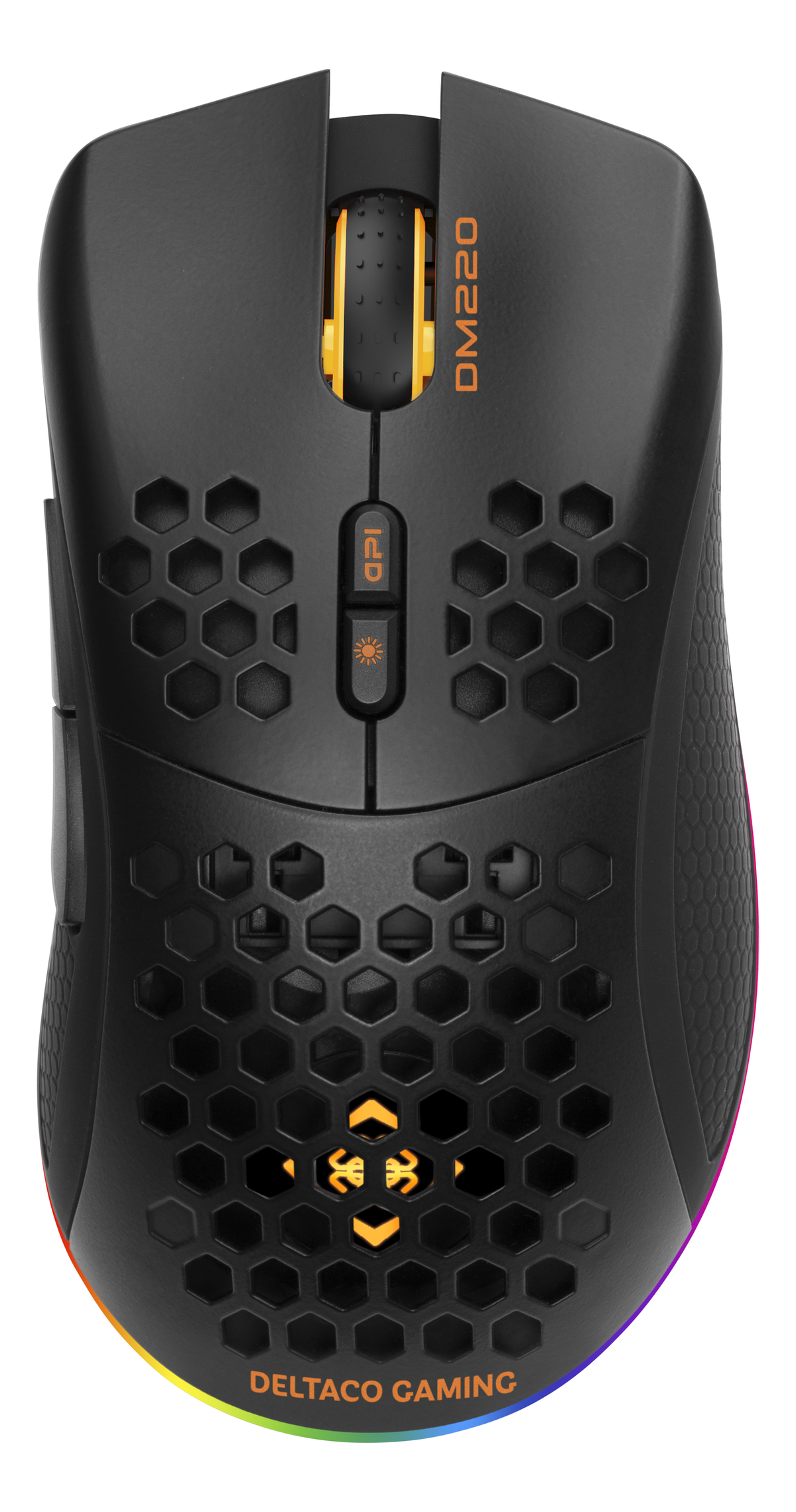 Schwarze Gaming-Maus mit orangefarbenen Akzenten, Wabenmuster und DPI-Einstellungen. Mit dem Text DM220 und DELTACO GAMING.