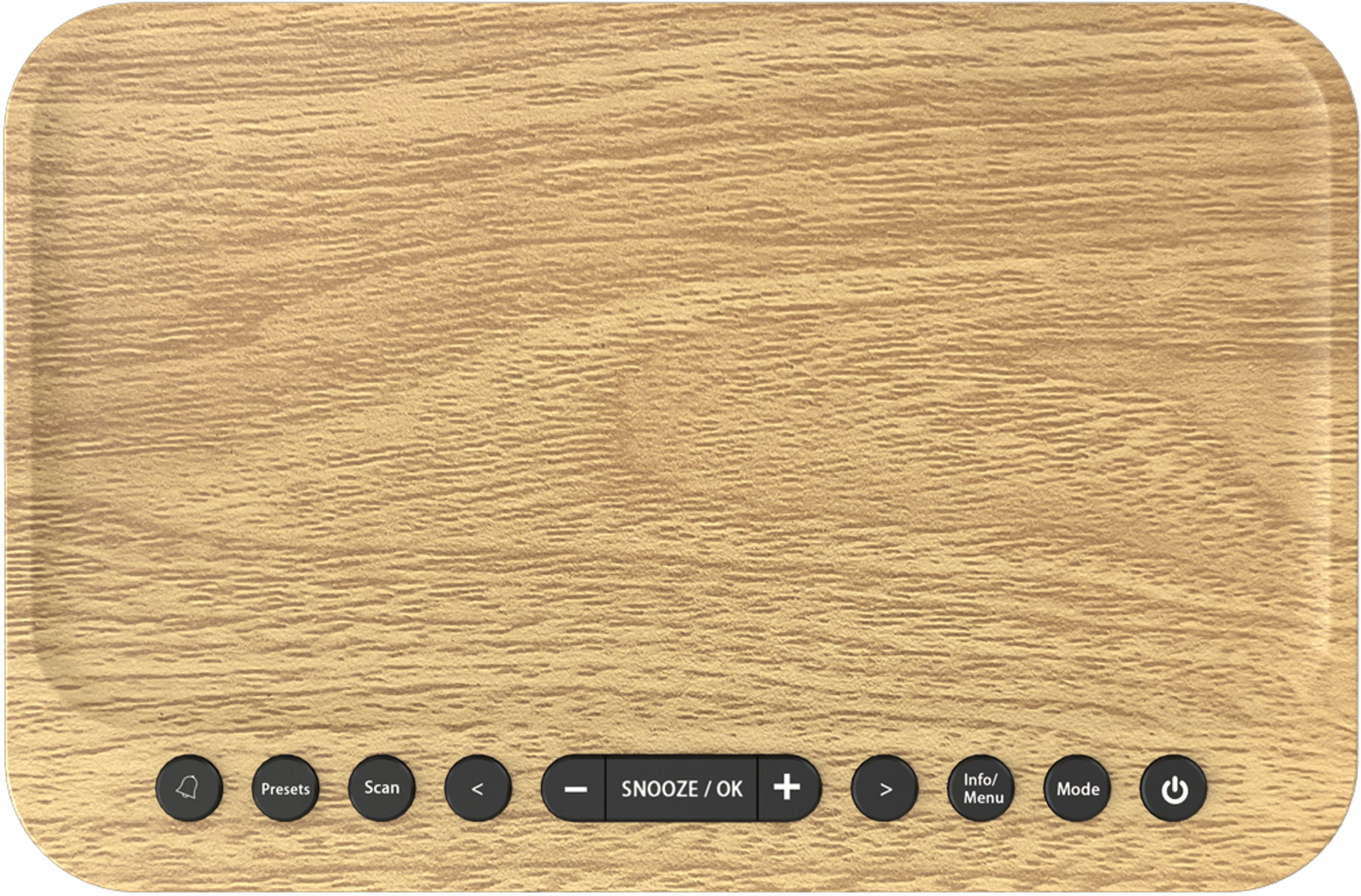 Budzik z wykończeniem w postaci słojów drewna. Przyciski obejmują drzemkę, ustawienia wstępne, tryb i zasilanie. Tło to drewniana powierzchnia.