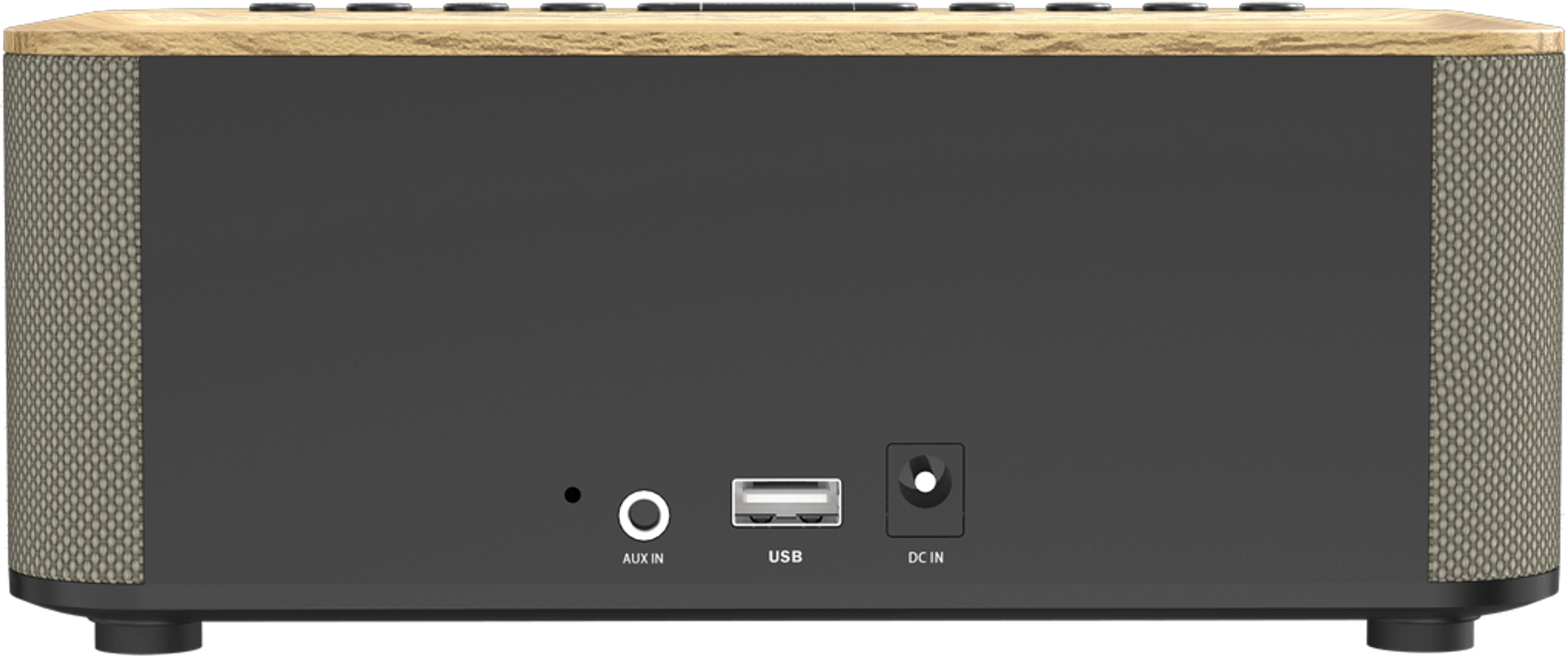 Głośnik z drewnianym blatem i siatkowymi bokami. Tył posiada porty AUX, USB i DC IN. Obudowa jest szara i czarna.