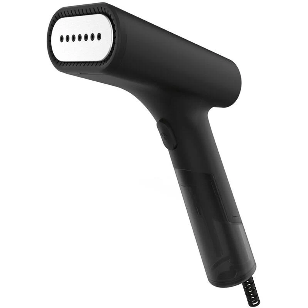 Un vaporizador de ropa negro de mano. El vaporizador tiene una cabeza rectangular con varios agujeros, un mango y un depósito de agua transparente.