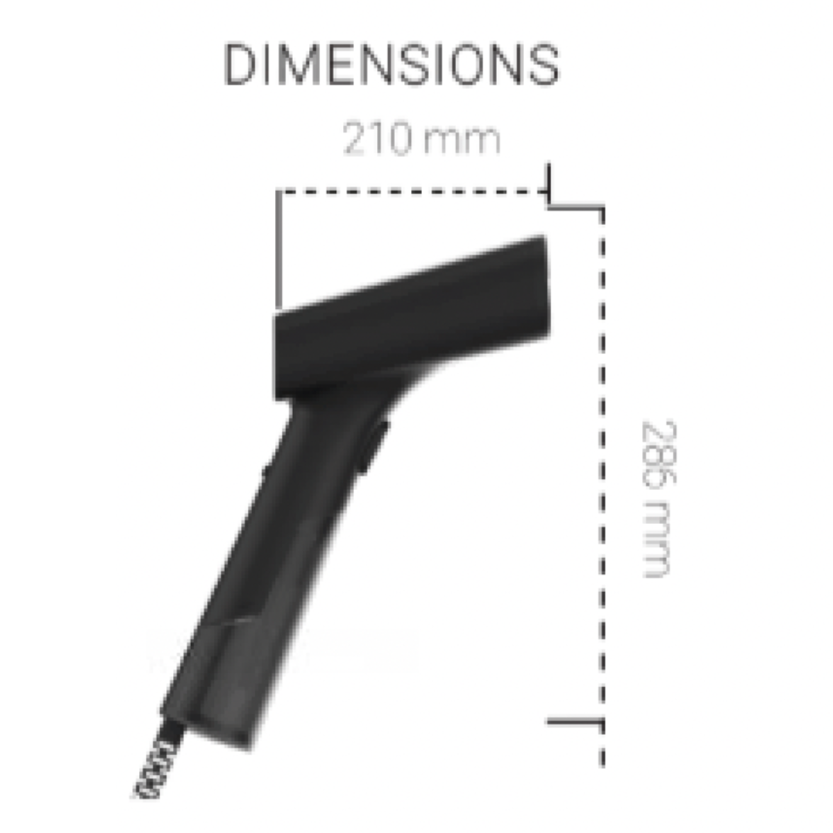 Un dispositivo portátil negro con mango y boquilla. Las dimensiones son 210 mm de ancho y 286 mm de largo. El dispositivo está sobre un fondo blanco.