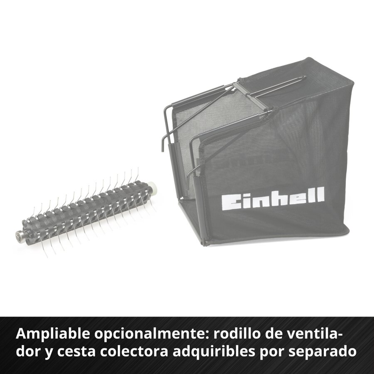 Eine schwarze Rasenmäher-Tasche und eine Stachelwalze liegen auf weißem Untergrund. Text: 'Einhell'. Spanischer Text unten.