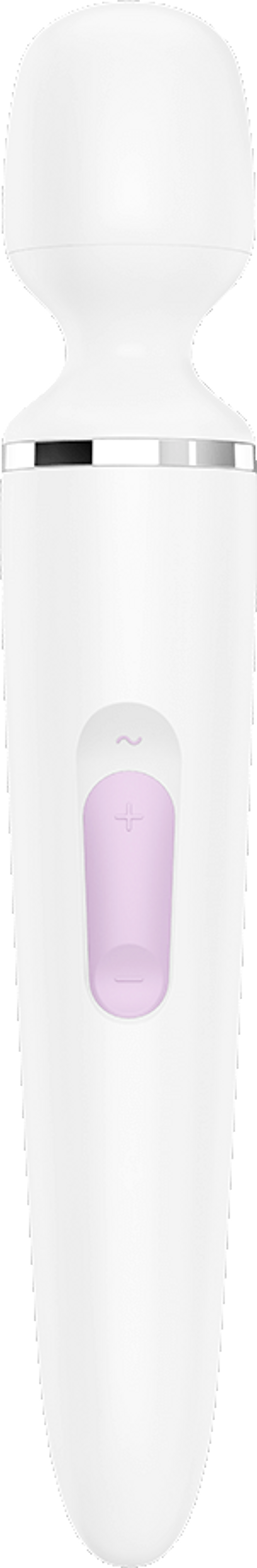 Białe elektryczne urządzenie do oczyszczania twarzy z jasnofioletowym przyciskiem. Ma zaokrągloną górę i cylindryczny korpus.