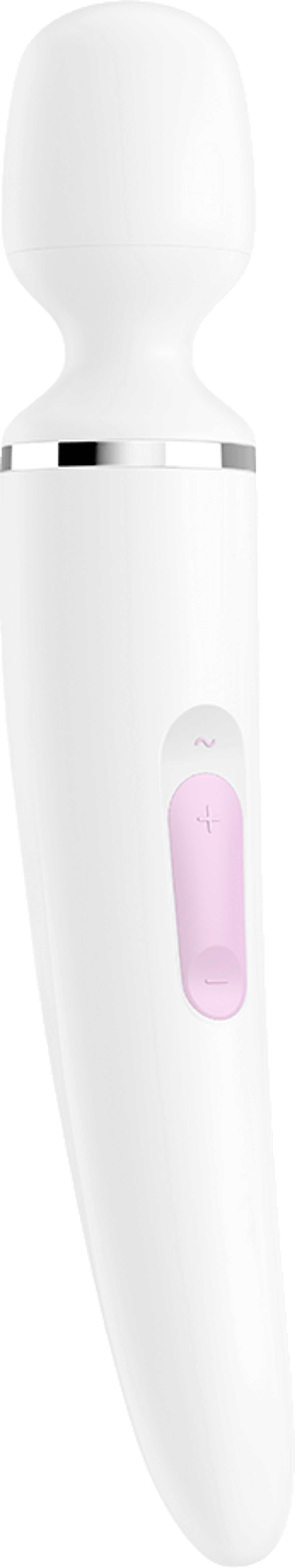 Biała zabawka erotyczna z zaokrągloną głowicą i różowym przyciskiem sterowania.