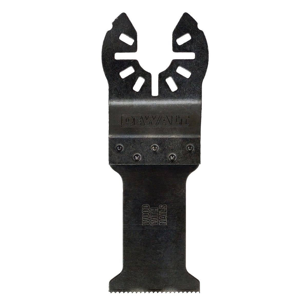 Czarny brzeszczot do narzędzia oscylacyjnego z logo DEWALT. Brzeszczot przeznaczony do cięcia drewna z gwoździami.