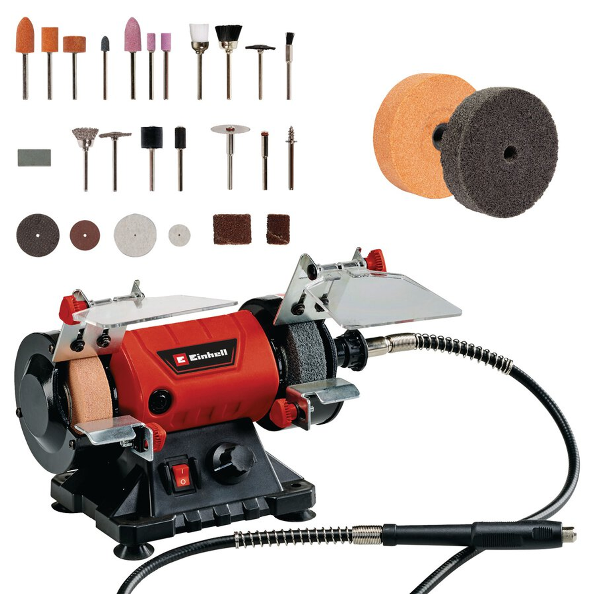 Una smerigliatrice da banco Einhell rossa e nera con vari accessori. Include mole, spazzole e un albero flessibile per lavori di dettaglio.