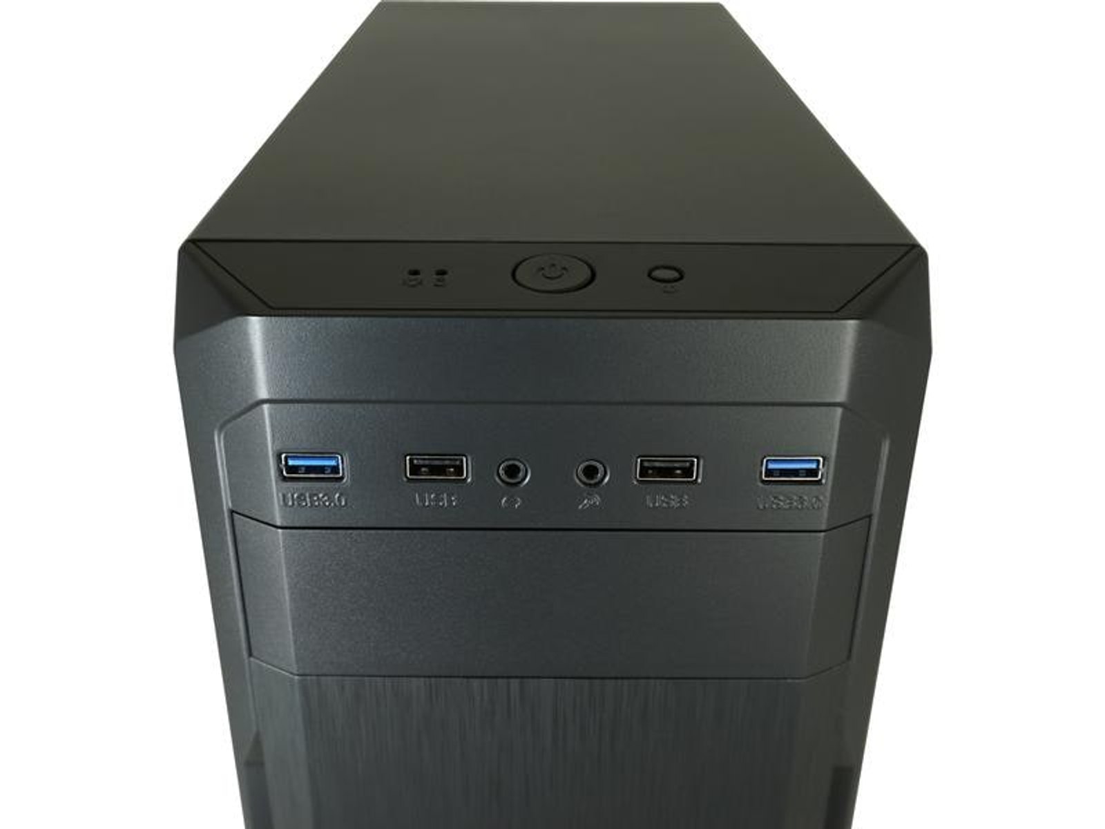 Czarny przód obudowy komputera. Posiada porty zasilania i USB oraz przycisk zasilania.