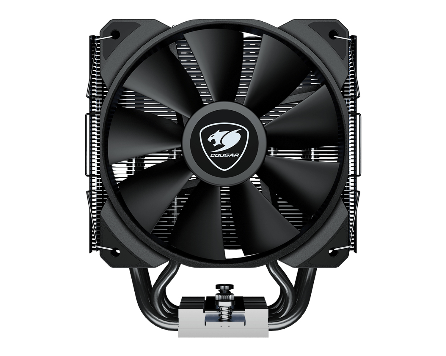 Czarny cooler CPU z dużym wentylatorem, żeberkami radiatora i logo Cougar pośrodku. Tło białe.