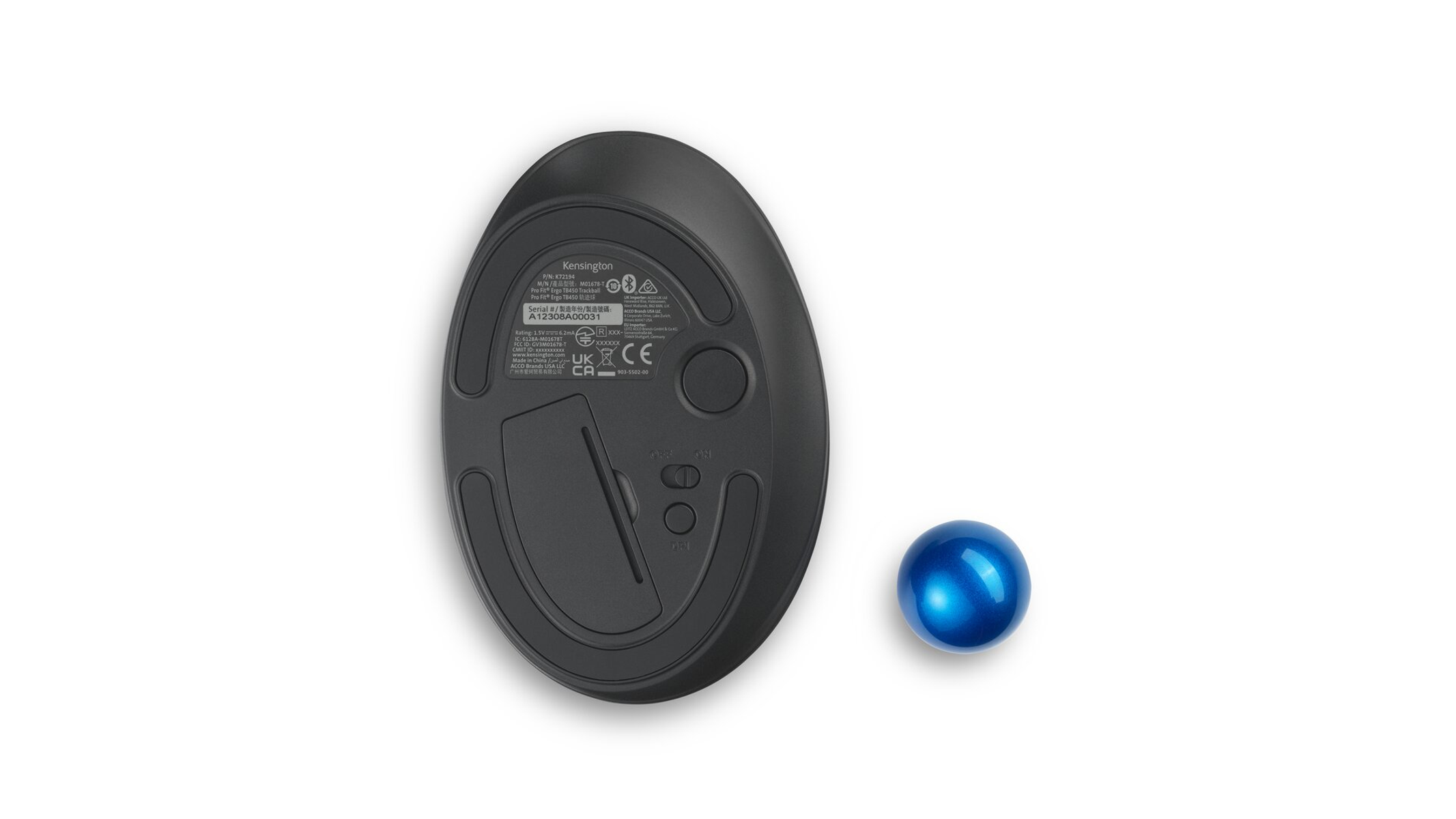 An overhead shot shows a black Kensington trackball mouse with a blue trackball. The mouse is on a white background.