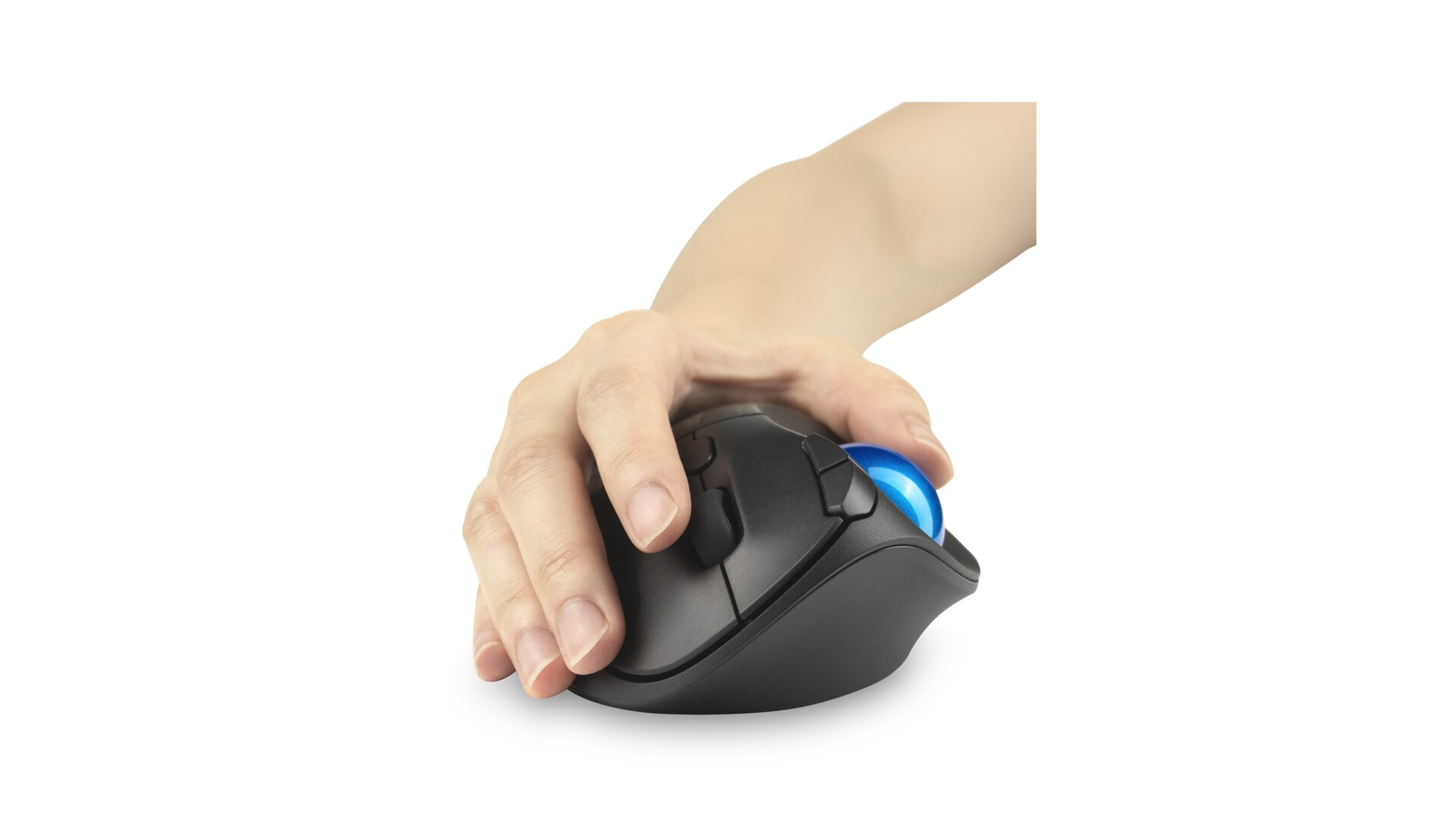 A hand holds a black trackball mouse. The trackball is blue. The background is white.