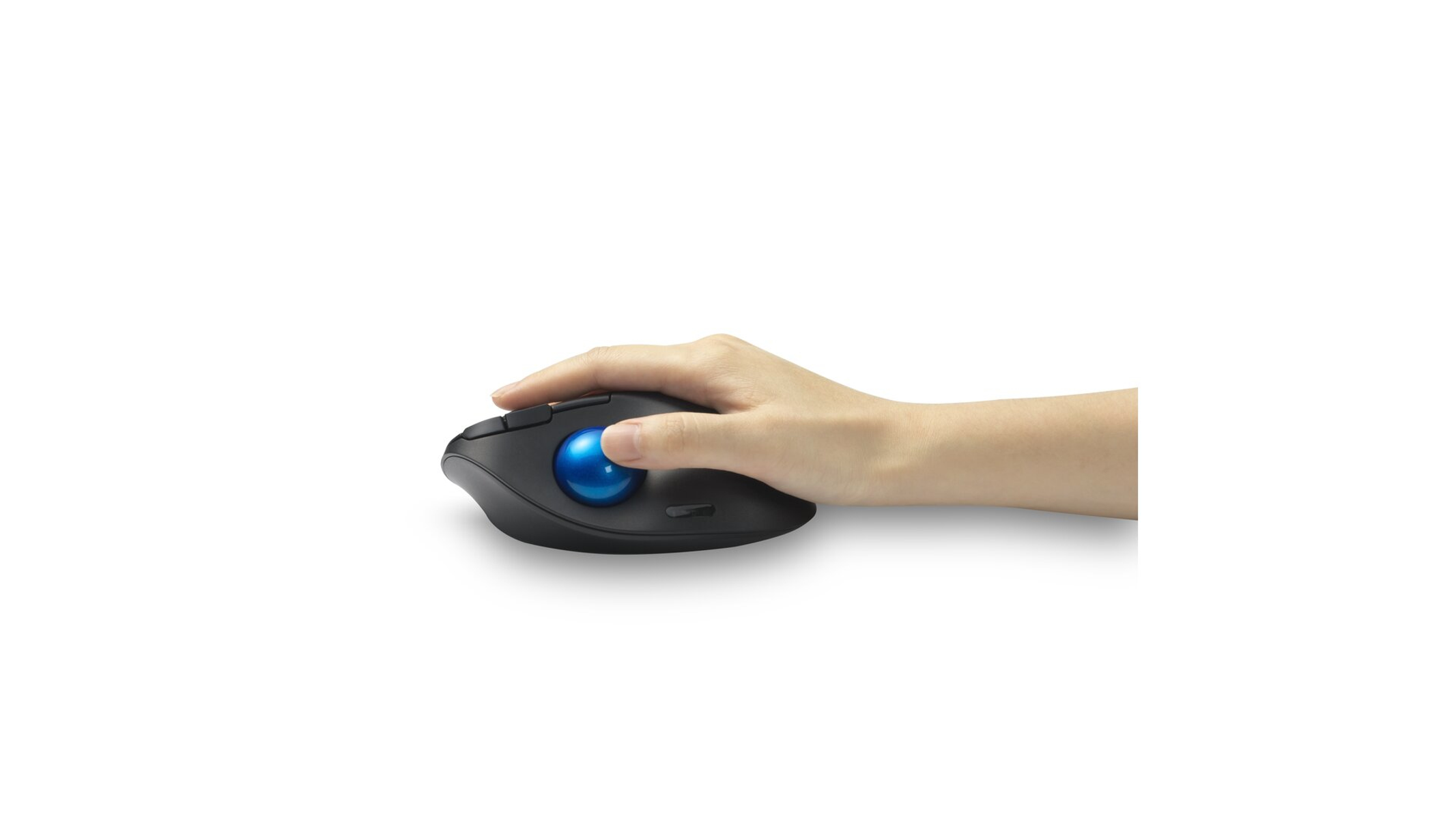 A hand uses a black trackball mouse with a blue ball. The background is plain white.