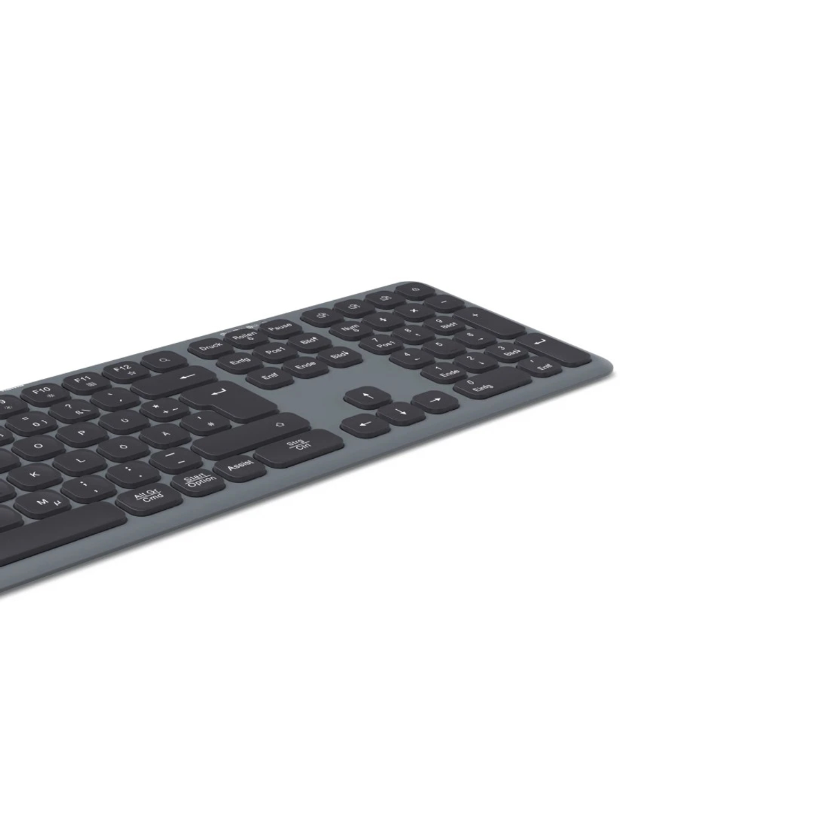 Un teclado gris inclinado sobre un fondo blanco. Las teclas son negras, con letras y símbolos. Ocupa la esquina superior izquierda.
