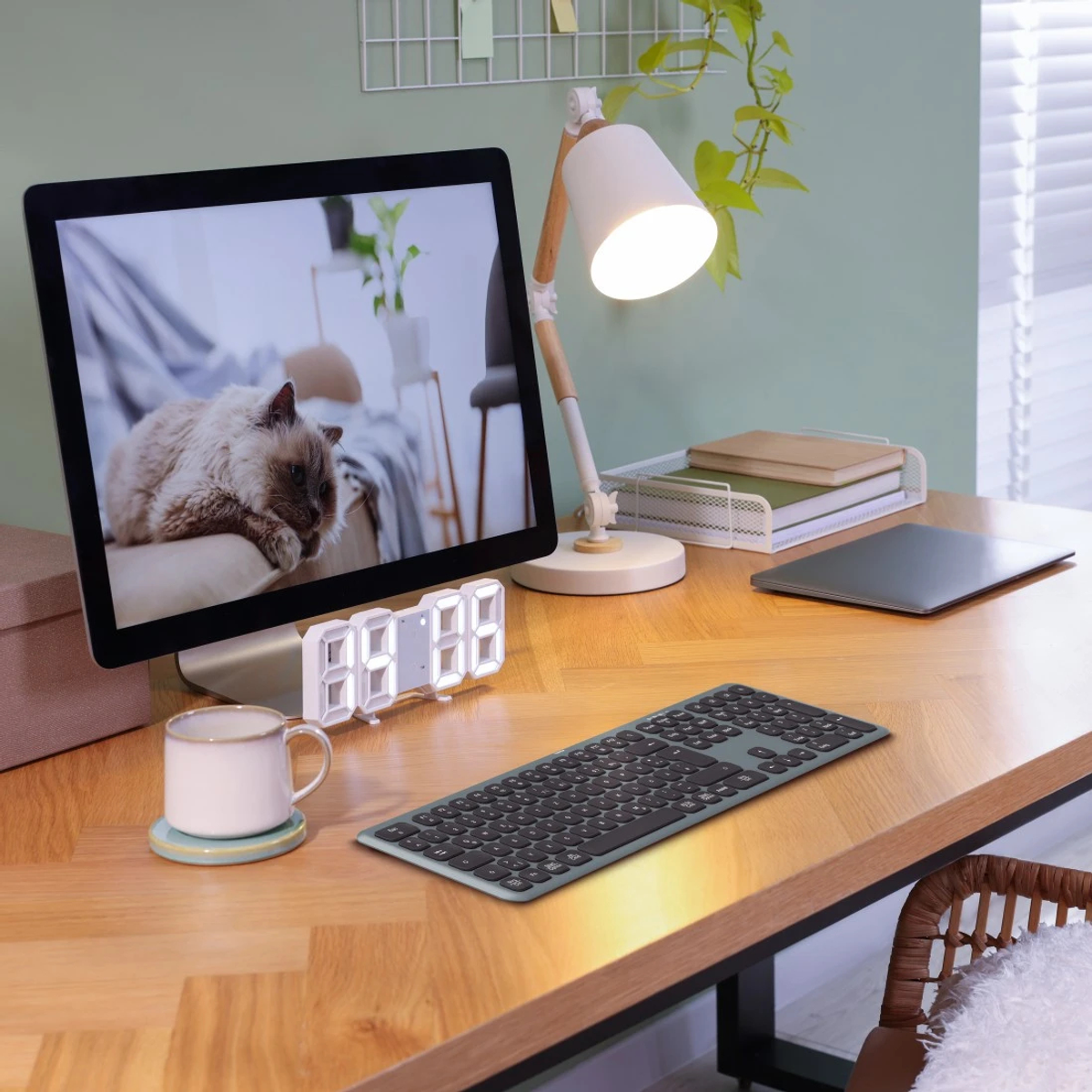 Configuración de escritorio con monitor, teclado, lámpara, taza de café y portátil. La pantalla muestra un gato. Escritorio de madera con pared verde claro.