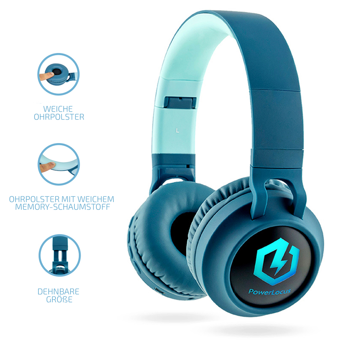 Cuffie turchese e blu con logo PowerLocus. Caratteristiche: cuscinetti morbidi e dimensioni regolabili. Diagrammi che mostrano i dettagli.