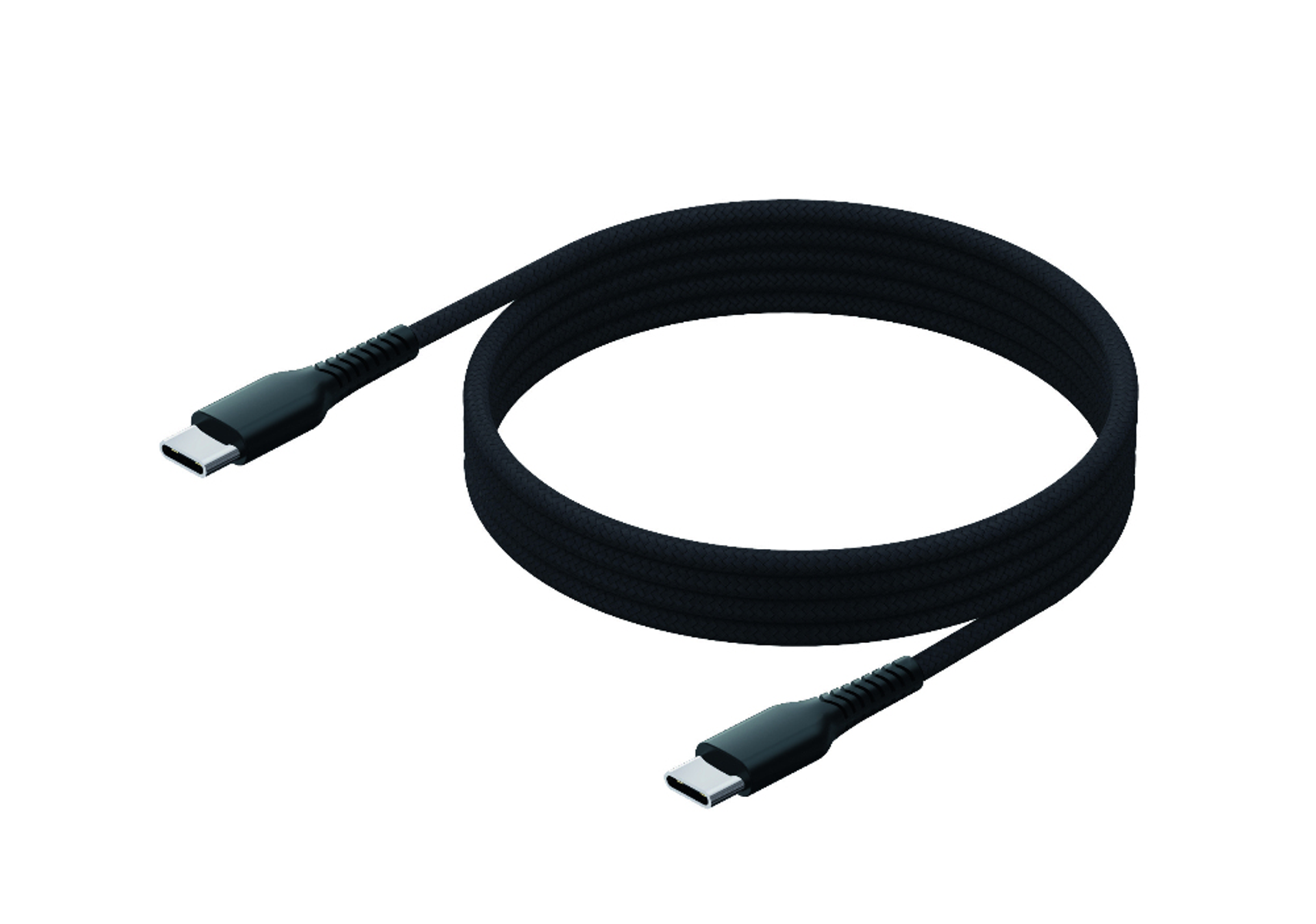Czarny kabel USB-C na białym tle. Widoczne oba końce kabla ze srebrnymi złączami.