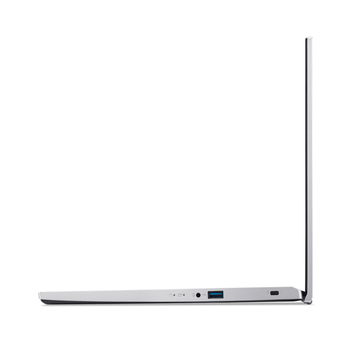 Un laptop argentato è mostrato di profilo, rivelando il suo lato con le porte. Lo schermo è aperto, mostrando il bordo sottile.