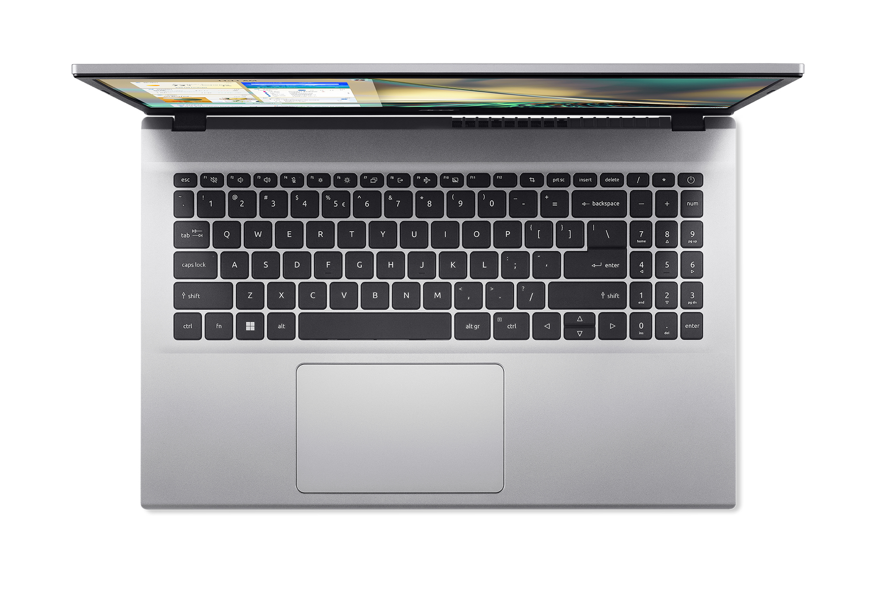 Un laptop con lo schermo aperto. Tastiera in primo piano, trackpad sotto. Il laptop è argento.