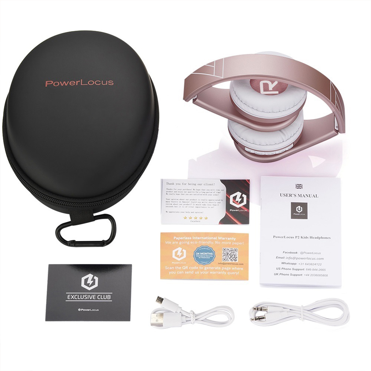 Un set di cuffie oro rosa e bianco, una custodia nera, manuali, cavi e una carta club esclusiva su una superficie bianca.