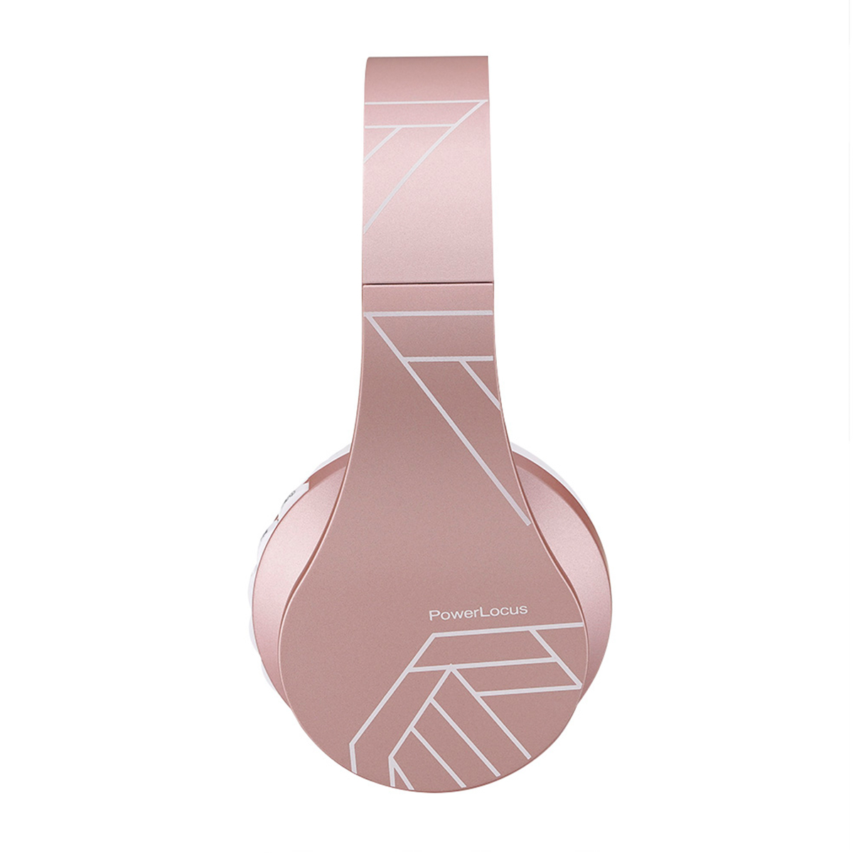 Cuffie color oro rosa con linee geometriche bianche. Il marchio "PowerLocus" è visibile sul padiglione. Isolato su sfondo bianco.