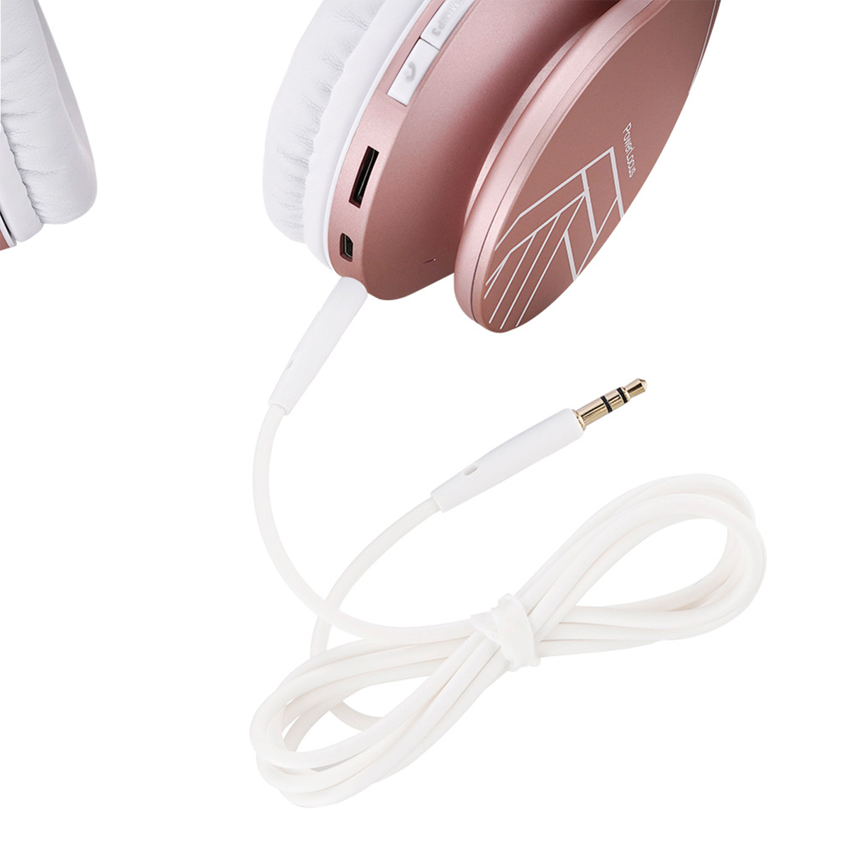 Cuffie color oro rosa con imbottitura e cavo bianchi. Il cavo è arrotolato e legato. Jack dorato.
