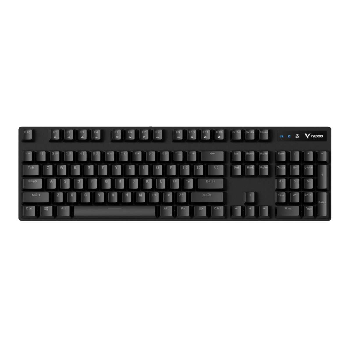 Teclado de ordenador negro con letras y números blancos. Tiene un logotipo de la marca en la esquina superior derecha.