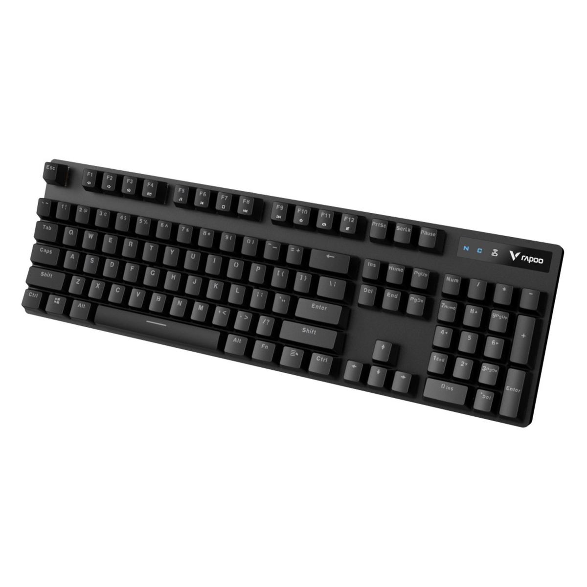Un teclado negro con letras y números blancos. Tiene un logotipo en la esquina superior derecha. Las teclas incluyen letras, números y teclas de función.