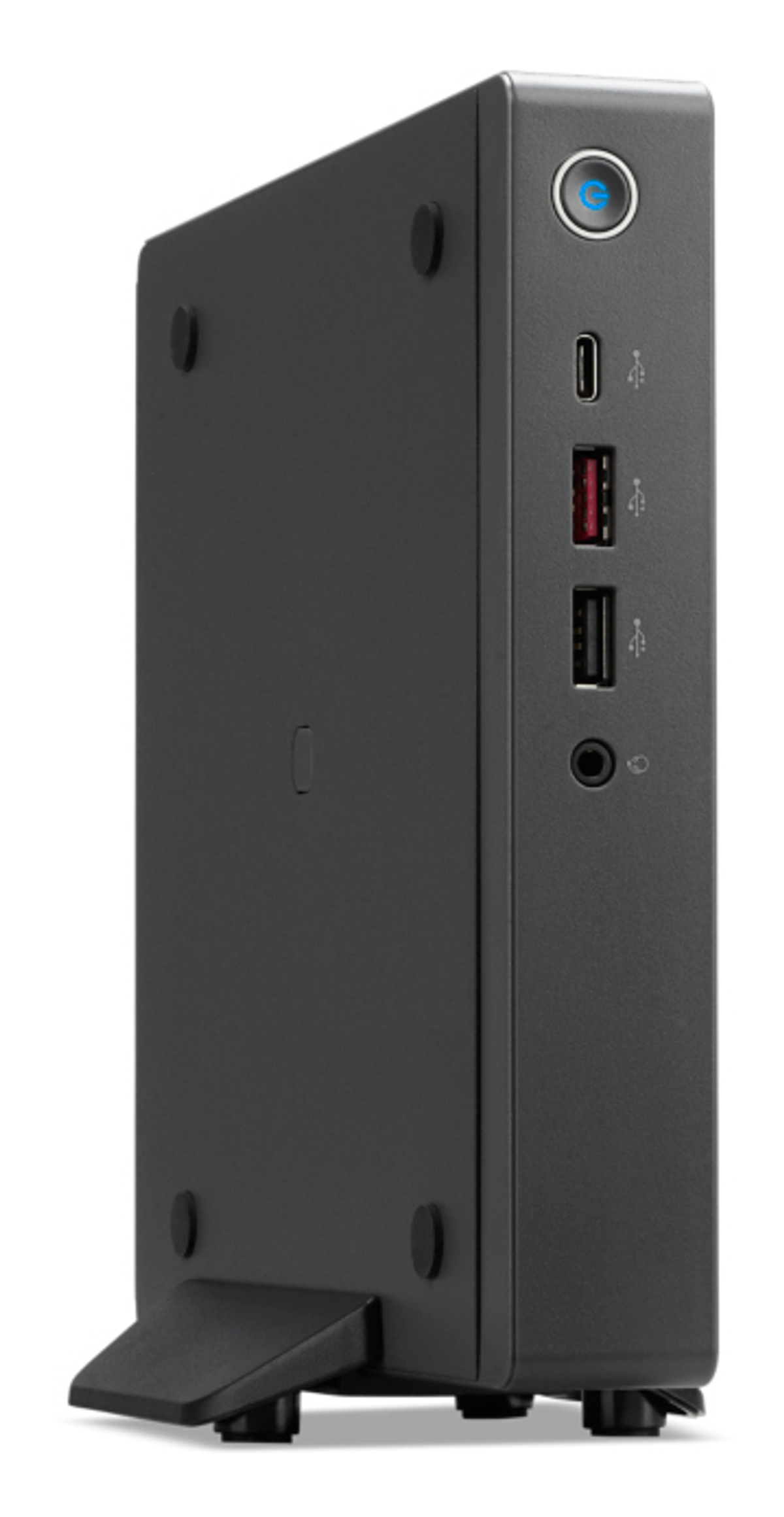 Un case per computer nero con porte e un pulsante di accensione. Ha un supporto. Il pulsante di accensione si illumina di blu.