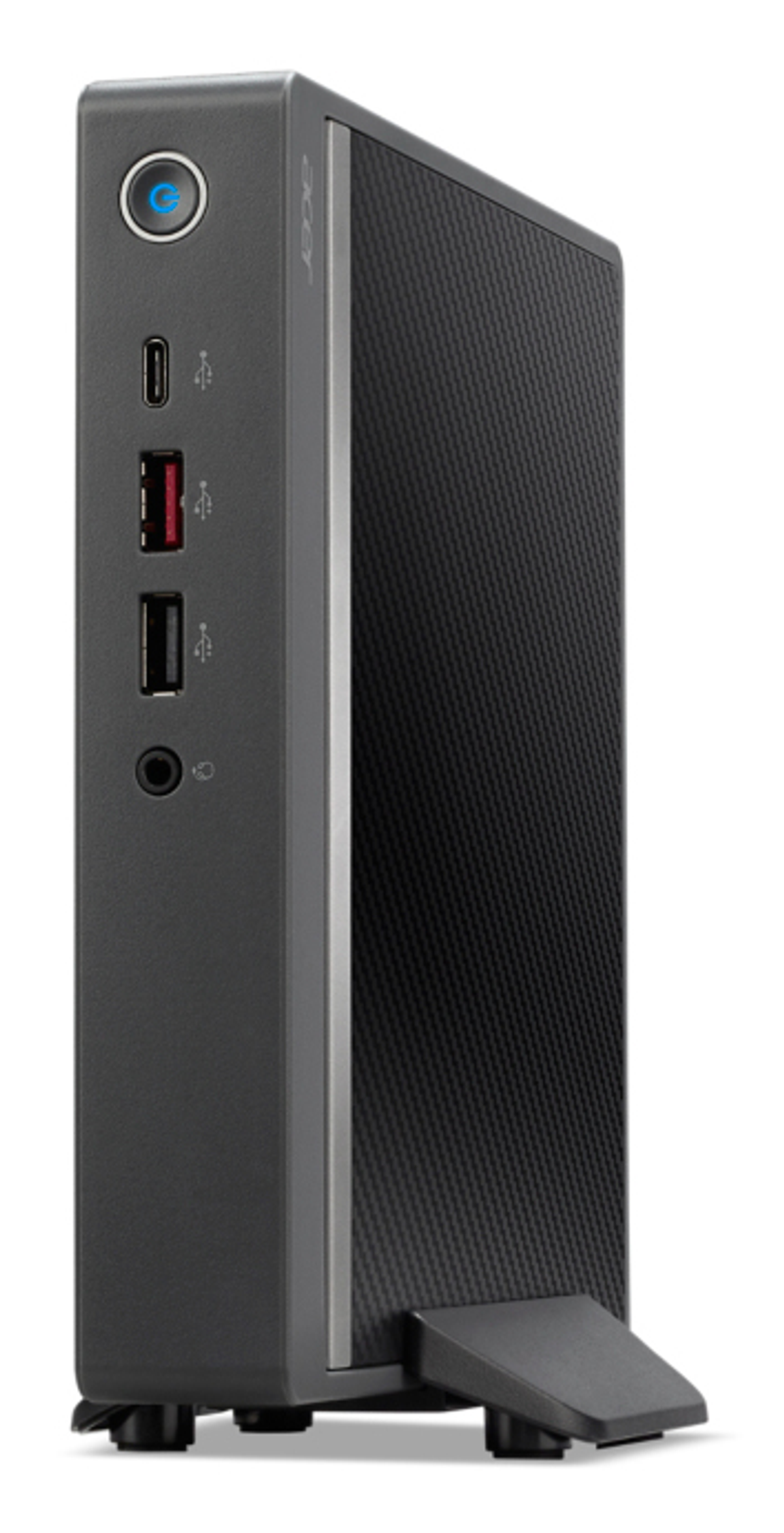 Un computer Acer nero. Ha un pulsante di accensione, porte USB e un jack per cuffie. Il lato ha un motivo strutturato.
