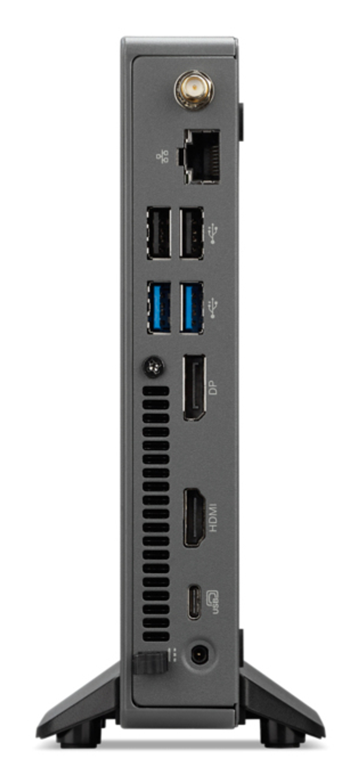 Un mini-computer grigio con varie porte: USB, HDMI, DP ed Ethernet. Ha un supporto. Lo sfondo è bianco.