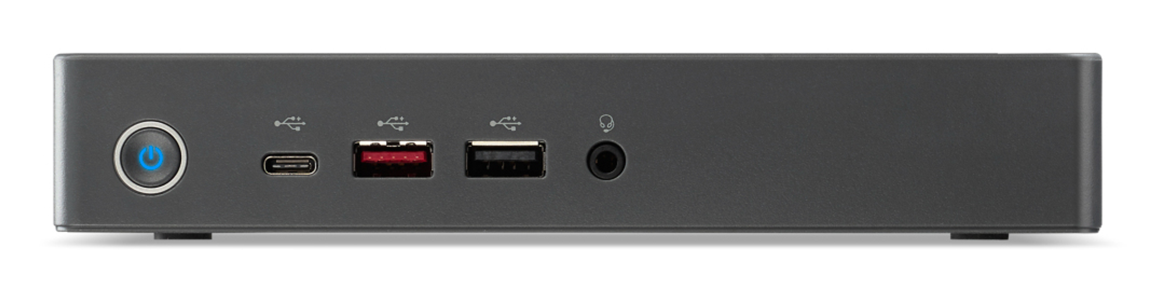 Un dispositivo informatico grigio scuro con porte USB, cuffie e un pulsante di accensione con luce blu.