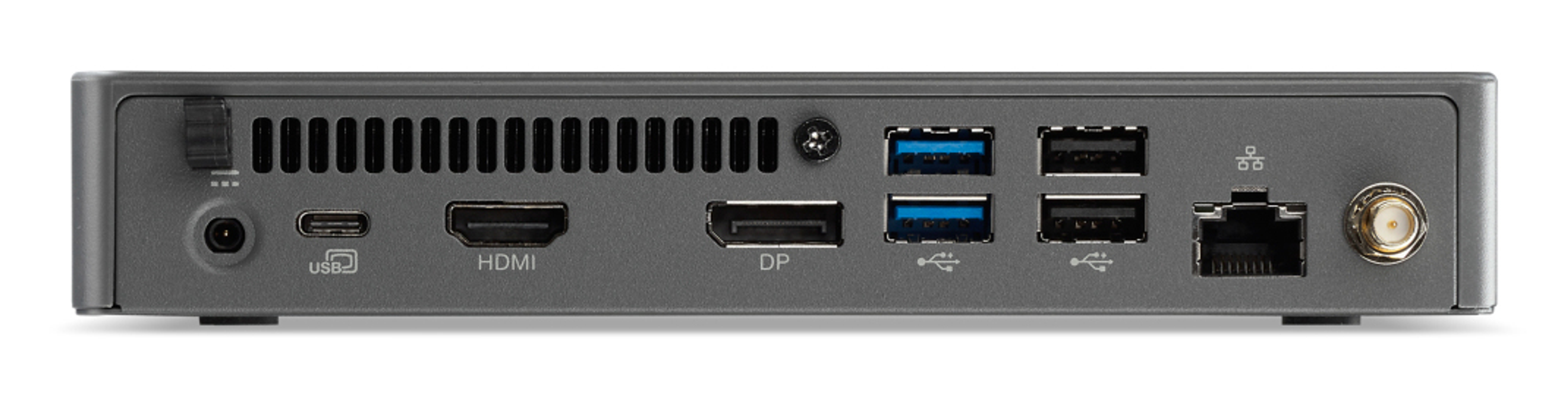 Un piccolo dispositivo informatico grigio con più porte, tra cui USB, HDMI ed Ethernet, su sfondo bianco.