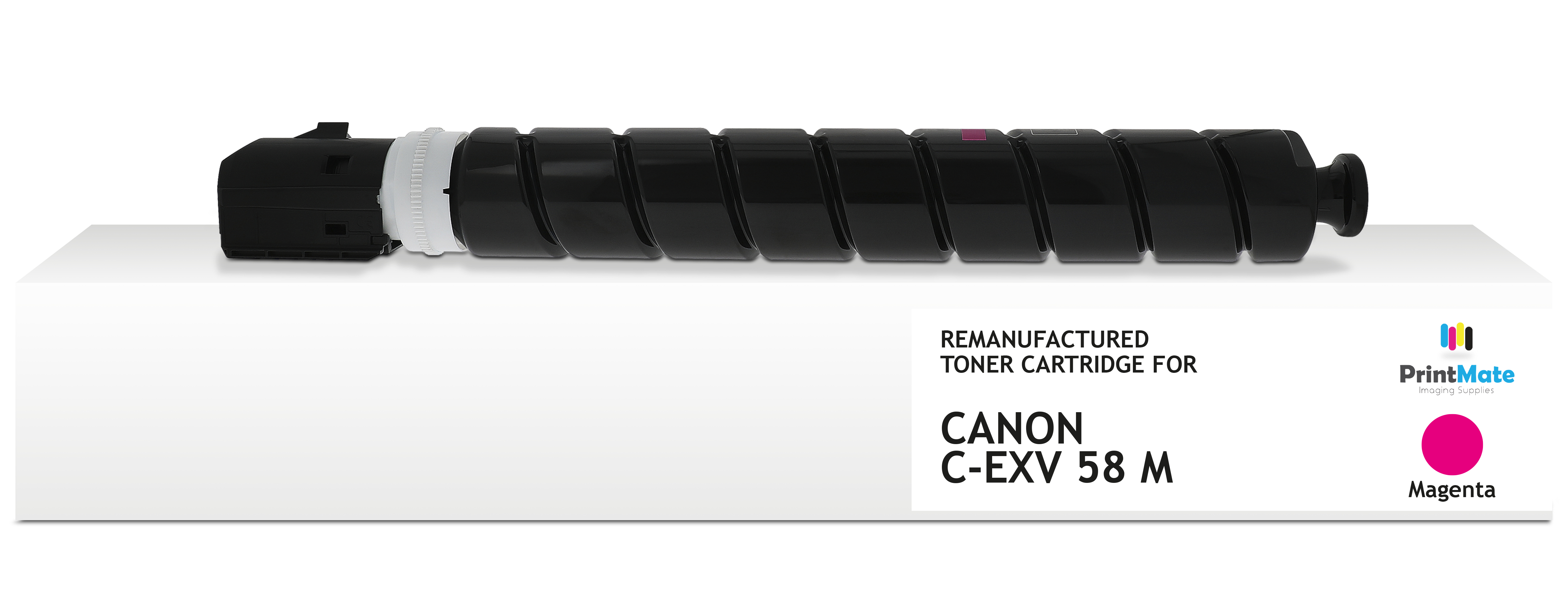 Una cartuccia toner nera per Canon C-EXV 58 M, con dettagli magenta, su una scatola bianca, con il logo PrintMate.