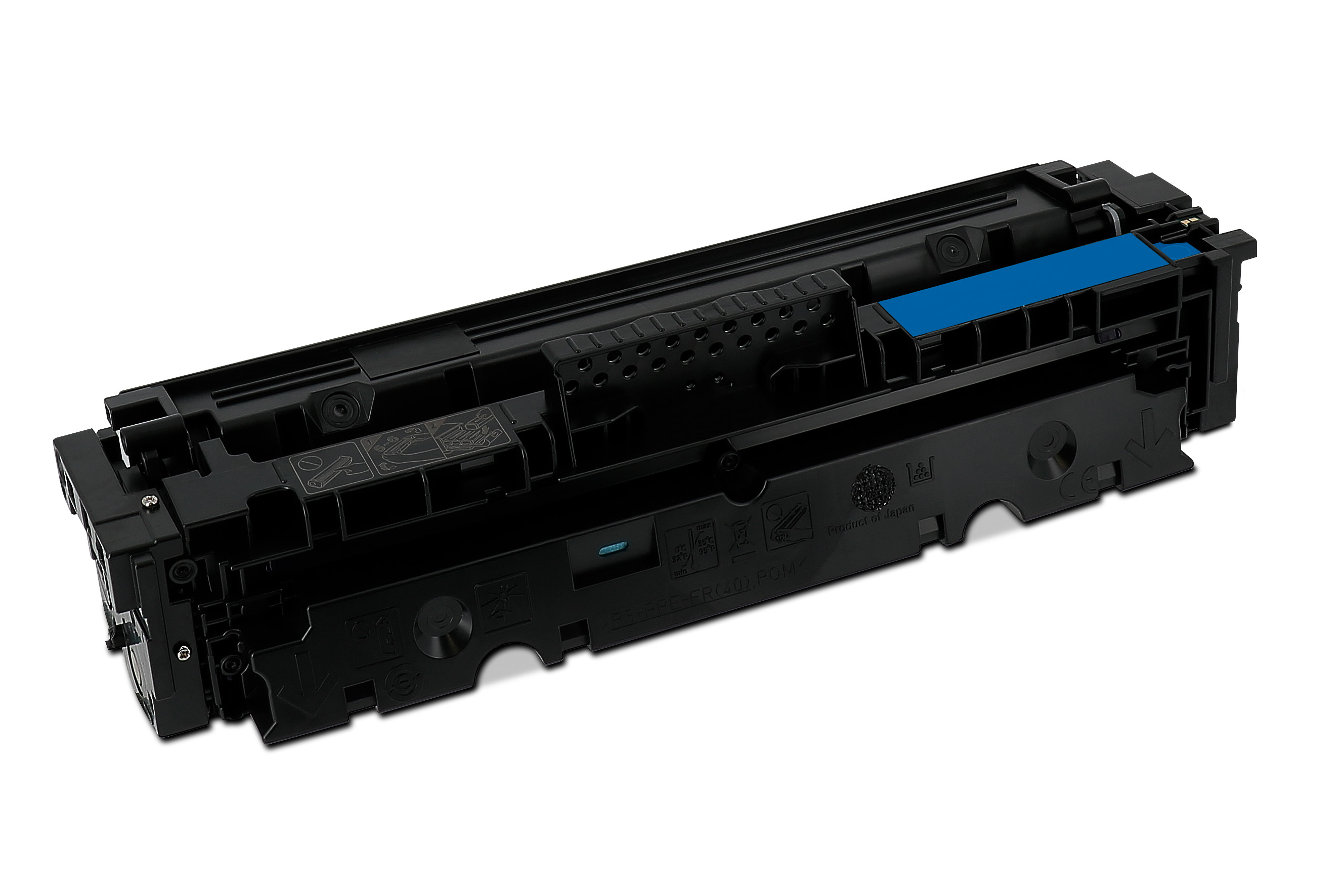 Cartuccia della stampante nera con sezione blu. La cartuccia si trova su una superficie bianca.