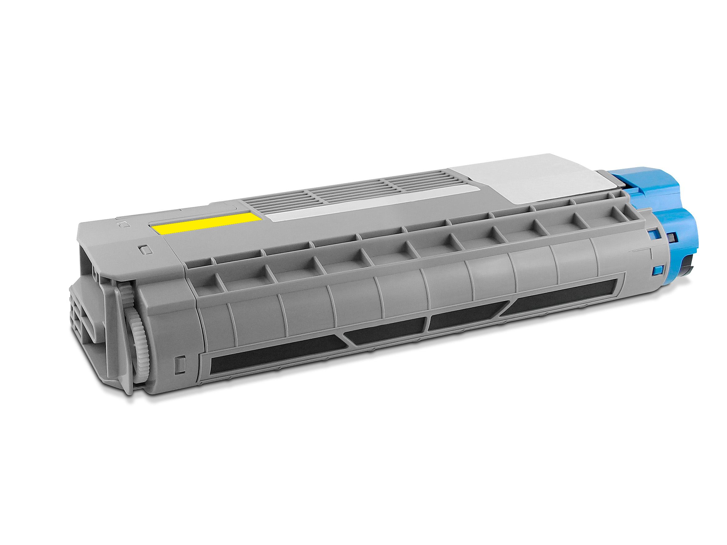 Una cartuccia toner grigia e blu è su una superficie bianca. Ha una striscia gialla.