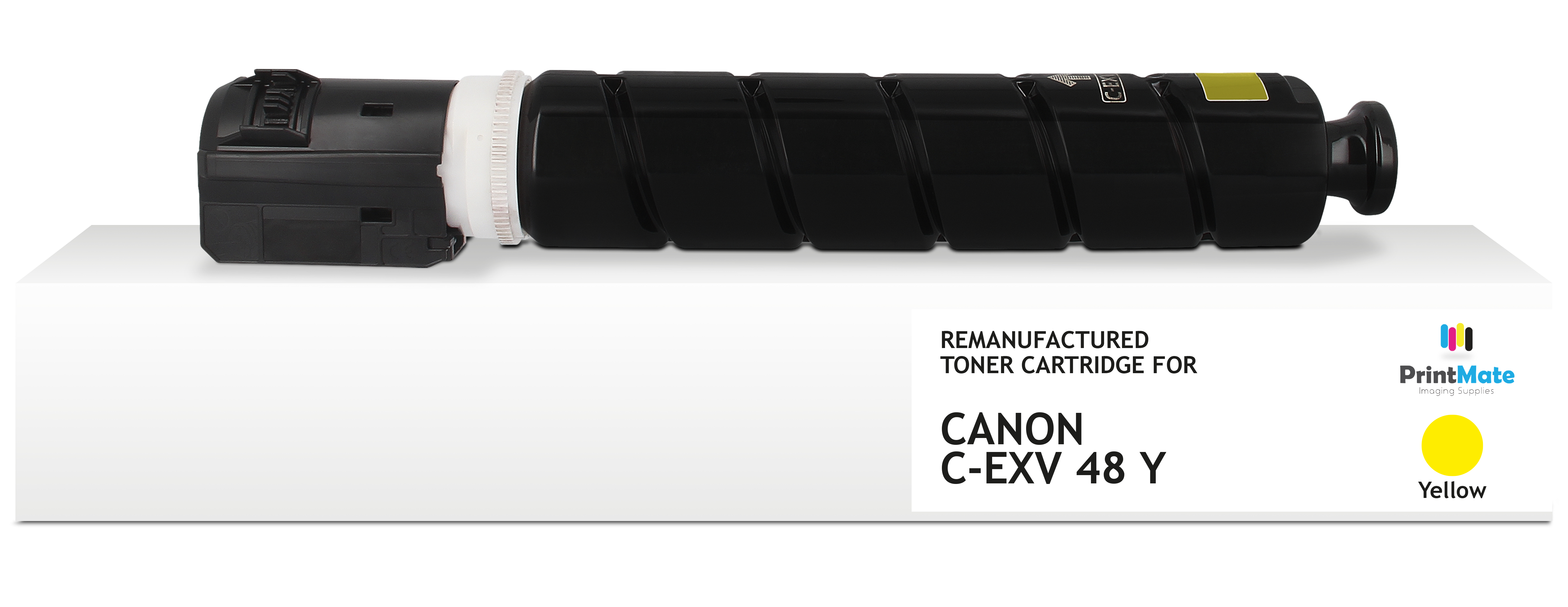Una cartuccia toner nera con l'etichetta 'C-EXV 48 Y' è su una scatola bianca. La scatola presenta testo, un logo e un cerchio giallo.